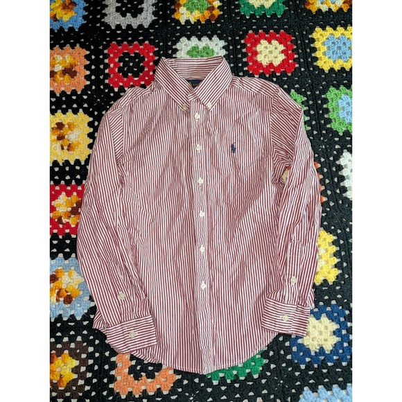 Boys Ralph Lauren long sleeve red & striped button up shirt Size 10-12 - Picture 1 of 6